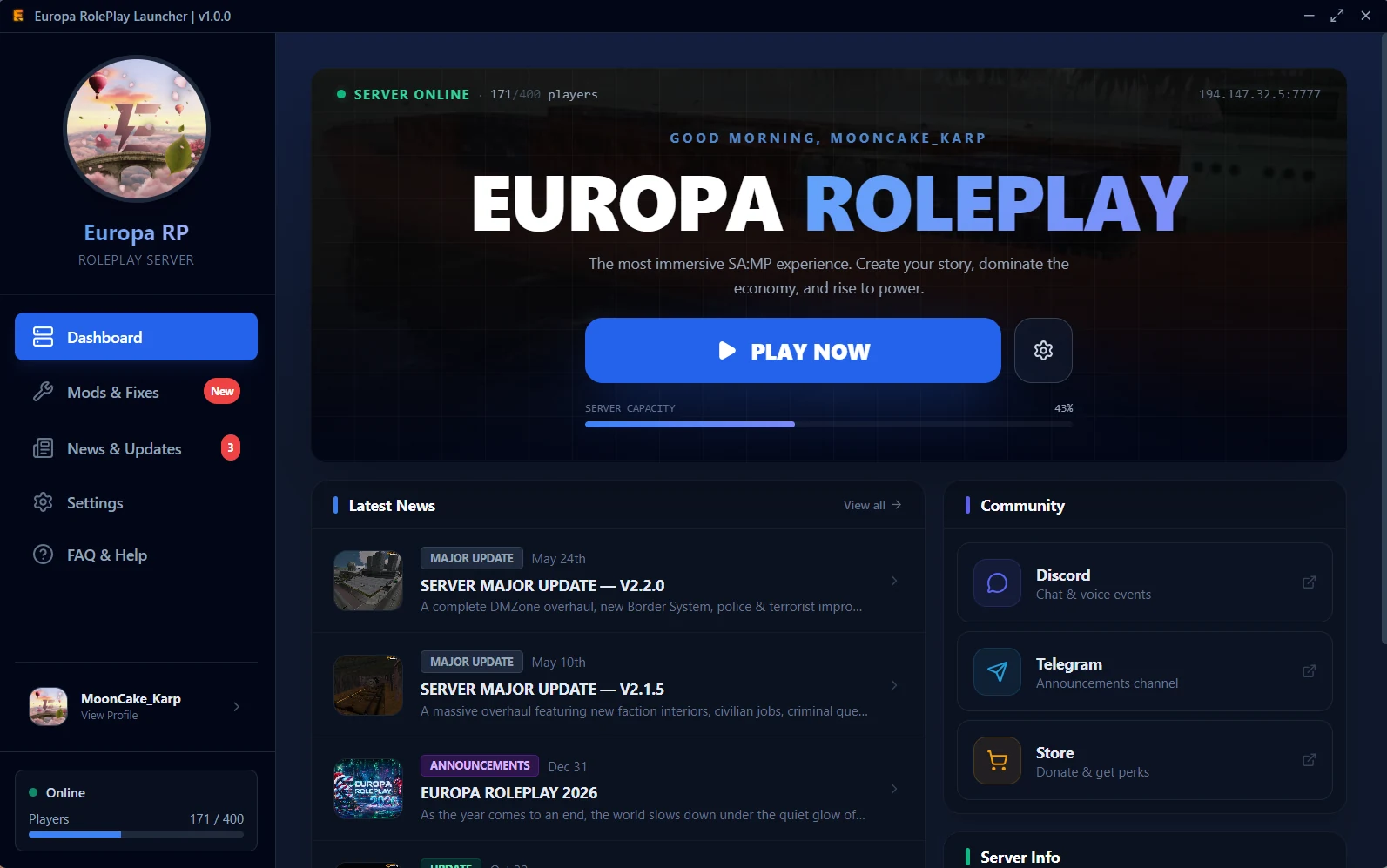 Europa Roleplay launcher dashboard