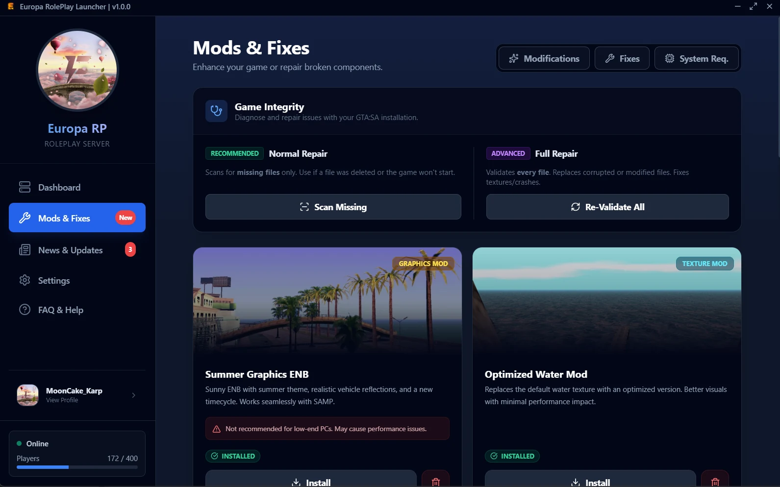 Mods and Fixes section in the launcher